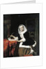 An elegant lady writing at her desk, with a dog beside her by Gabriel Metsu