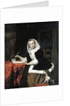 An elegant lady writing at her desk, with a dog beside her by Gabriel Metsu