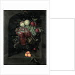 Swag of grapes, peaches, plums and cherries with a snail in a stone niche with a bunch of apricots and bee on a ledge, 1666 by Nicolaes Van Gelder