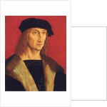 Portrait of a man wearing a fur-lined coat, gold chain and a black beret, before a red background by Jakob Elsner