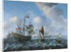 A man'o'war, possibly Het Wapen van Utrecht, a wijdschip and a spiegelsloep in a stiff breeze, 1671 by Aernout Smit