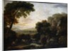 Italianate landscape with a capriccio view of Tivoli, a shepherd and shepherdess and cattle by George the Elder Barret