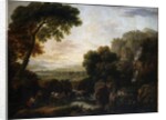 Italianate landscape with a capriccio view of Tivoli, a shepherd and shepherdess and cattle by George the Elder Barret