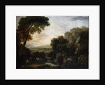 Italianate landscape with a capriccio view of Tivoli, a shepherd and shepherdess and cattle by George the Elder Barret