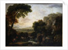 Italianate landscape with a capriccio view of Tivoli, a shepherd and shepherdess and cattle by George the Elder Barret