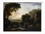 Italianate landscape with a capriccio view of Tivoli, a shepherd and shepherdess and cattle by George the Elder Barret