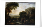 Italianate landscape with a capriccio view of Tivoli, a shepherd and shepherdess and cattle by George the Elder Barret