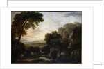 Italianate landscape with a capriccio view of Tivoli, a shepherd and shepherdess and cattle by George the Elder Barret