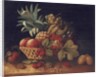 Grapes, plums, cherries, peaches, an apple, a pineapple, and a melon, in a wicker basket by Charles Lewis