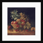 Grapes, plums, cherries, peaches, an apple, a pineapple, and a melon, in a wicker basket by Charles Lewis
