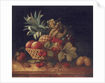 Grapes, plums, cherries, peaches, an apple, a pineapple, and a melon, in a wicker basket by Charles Lewis