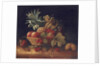 Grapes, plums, cherries, peaches, an apple, a pineapple, and a melon, in a wicker basket by Charles Lewis