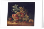 Grapes, plums, cherries, peaches, an apple, a pineapple, and a melon, in a wicker basket by Charles Lewis