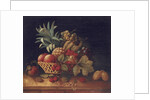 Grapes, plums, cherries, peaches, an apple, a pineapple, and a melon, in a wicker basket by Charles Lewis