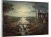 Moonlit view of the River Tweed with Melrose Abbey in the foreground and figures on a bridge by Abraham (attr. to) Pether