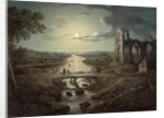 Moonlit view of the River Tweed with Melrose Abbey in the foreground and figures on a bridge by Abraham (attr. to) Pether