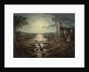 Moonlit view of the River Tweed with Melrose Abbey in the foreground and figures on a bridge by Abraham (attr. to) Pether