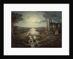 Moonlit view of the River Tweed with Melrose Abbey in the foreground and figures on a bridge by Abraham (attr. to) Pether