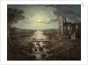 Moonlit view of the River Tweed with Melrose Abbey in the foreground and figures on a bridge by Abraham (attr. to) Pether