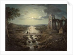 Moonlit view of the River Tweed with Melrose Abbey in the foreground and figures on a bridge by Abraham (attr. to) Pether