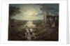 Moonlit view of the River Tweed with Melrose Abbey in the foreground and figures on a bridge by Abraham (attr. to) Pether