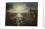 Moonlit view of the River Tweed with Melrose Abbey in the foreground and figures on a bridge by Abraham (attr. to) Pether
