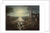 Moonlit view of the River Tweed with Melrose Abbey in the foreground and figures on a bridge by Abraham (attr. to) Pether