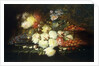 Still life with roses, chrysanthemums, grapes and strawberries by Modeste Carlier