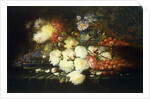 Still life with roses, chrysanthemums, grapes and strawberries by Modeste Carlier