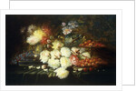 Still life with roses, chrysanthemums, grapes and strawberries by Modeste Carlier