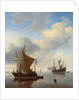 A calm - a smalschip and a kaag at anchor with an English man-o'-war beyond by Willem van de the Younger Velde