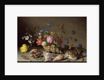 Flowers, shells and insects on a stone ledge by Balthasar van der Ast