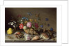Flowers, shells and insects on a stone ledge by Balthasar van der Ast
