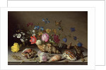 Flowers, shells and insects on a stone ledge by Balthasar van der Ast