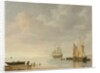 Coastal scene with ships resting on calm waters by Simon Jacobsz. Vlieger