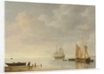 Coastal scene with ships resting on calm waters by Simon Jacobsz. Vlieger
