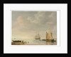 Coastal scene with ships resting on calm waters by Simon Jacobsz. Vlieger