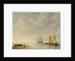 Coastal scene with ships resting on calm waters by Simon Jacobsz. Vlieger