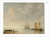 Coastal scene with ships resting on calm waters by Simon Jacobsz. Vlieger