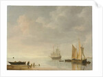 Coastal scene with ships resting on calm waters by Simon Jacobsz. Vlieger