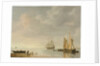 Coastal scene with ships resting on calm waters by Simon Jacobsz. Vlieger