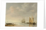 Coastal scene with ships resting on calm waters by Simon Jacobsz. Vlieger