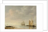 Coastal scene with ships resting on calm waters by Simon Jacobsz. Vlieger