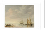 Coastal scene with ships resting on calm waters by Simon Jacobsz. Vlieger