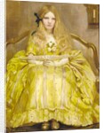 Portrait of a girl, small full-length, in a yellow dress, holding a fan, in an interior, 1903 by Margaret Fletcher
