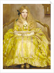 Portrait of a girl, small full-length, in a yellow dress, holding a fan, in an interior, 1903 by Margaret Fletcher
