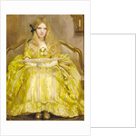 Portrait of a girl, small full-length, in a yellow dress, holding a fan, in an interior, 1903 by Margaret Fletcher