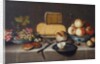 Cheese on a silver plate, red and white grapes and apples in porcelain Wanli bowls, bread rolls, a knife and a sliced apple on a plate, all on a draped table, 1626 by Roloef Koets