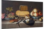 Cheese on a silver plate, red and white grapes and apples in porcelain Wanli bowls, bread rolls, a knife and a sliced apple on a plate, all on a draped table, 1626 by Roloef Koets