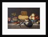Cheese on a silver plate, red and white grapes and apples in porcelain Wanli bowls, bread rolls, a knife and a sliced apple on a plate, all on a draped table, 1626 by Roloef Koets